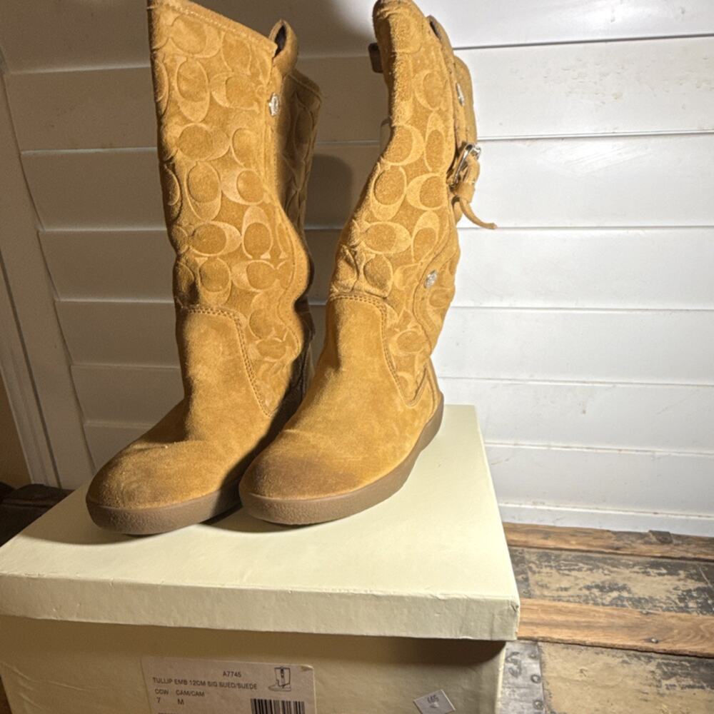Coach Tulip EMB 152MM Logo Mid-Calf Boot, Camel Suede, Round Toe, Lined